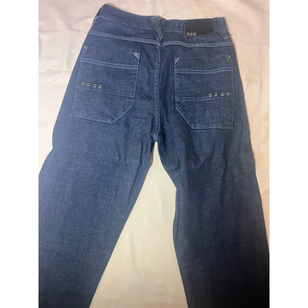 Andrew Tiziano Jeans SZ 32 Loose Baggy Wide Leg Embroidered Skater Dark Denim E4